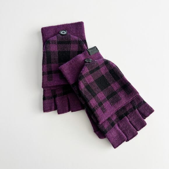 [Coach] Purple Black Buffalo Plaid Wool Knit Blend Convertible Mittens Gloves - Picture 1 of 6